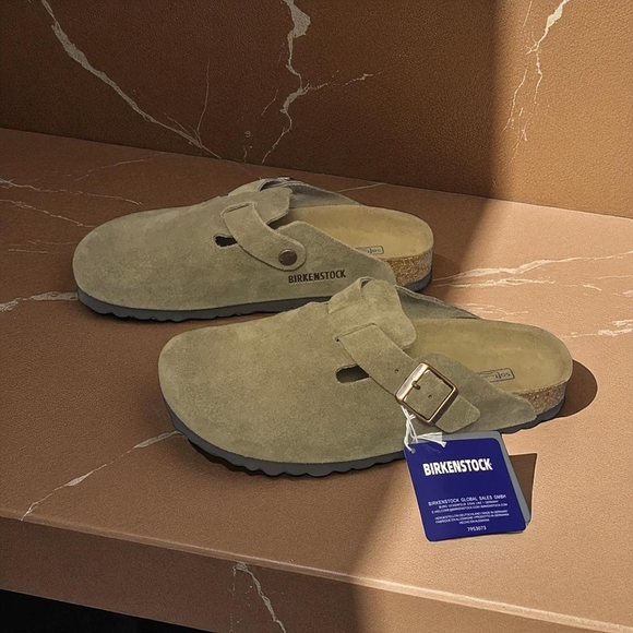 Birkenstock Boston Narrow Taupe Mules Suede Slip-On Comfort - Picture 2 of 7